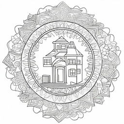 Design a 3D coloring page featuring a mandala with a house theme