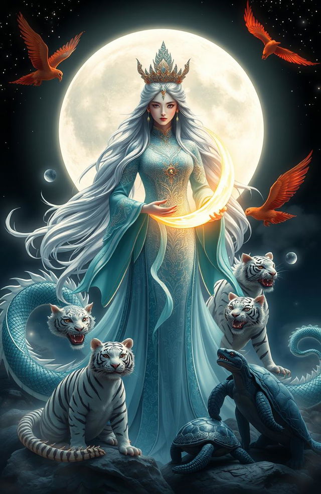 A magnificent Moon Goddess standing elegantly under a radiant full moon, surrounded by the four mythological beasts of Chinese mythology: the Azure Dragon, the Vermilion Bird, the White Tiger, and the Black Tortoise