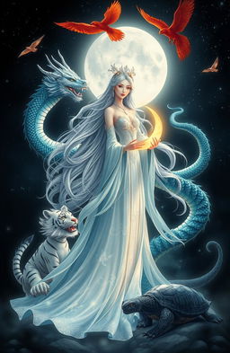 A magnificent Moon Goddess standing elegantly under a radiant full moon, surrounded by the four mythological beasts of Chinese mythology: the Azure Dragon, the Vermilion Bird, the White Tiger, and the Black Tortoise