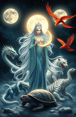 A magnificent Moon Goddess standing elegantly under a radiant full moon, surrounded by the four mythological beasts of Chinese mythology: the Azure Dragon, the Vermilion Bird, the White Tiger, and the Black Tortoise