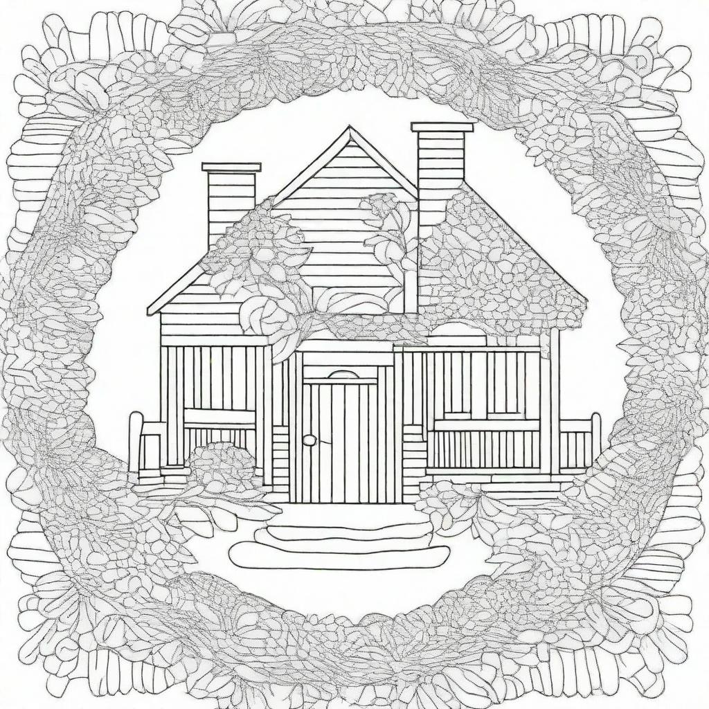 Craft a detailed coloring page featuring a mandala with a house theme