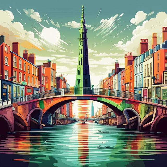 Craft a vibrant, cartoon-style representation of the capital city Dublin, capturing its Irish charm with the Spire of Dublin and Ha'penny Bridge.