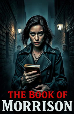 A dark and moody scene depicting the intense atmosphere of a murder mystery titled 'The Book of Morrison'