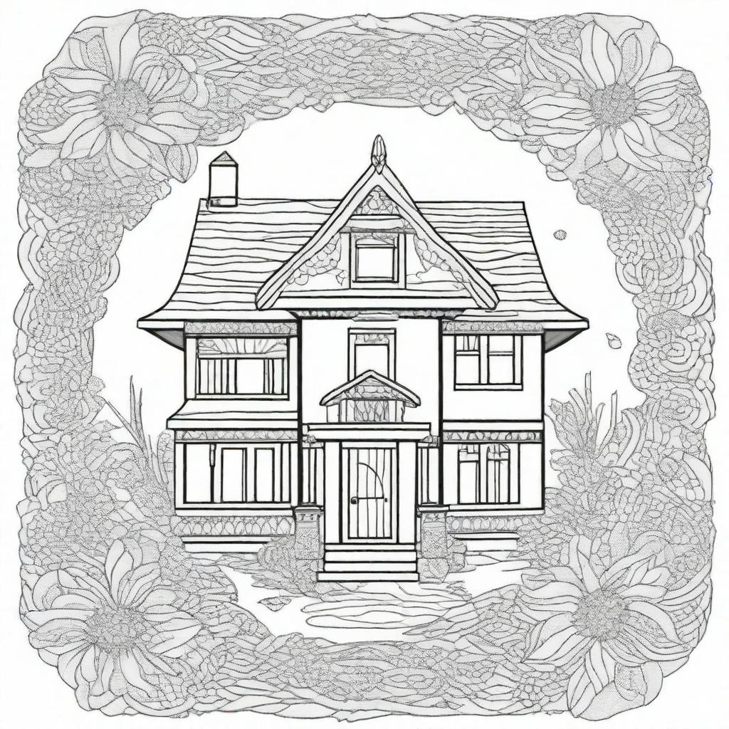 Craft a detailed coloring page featuring a mandala with a house theme