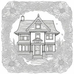 Craft a detailed coloring page featuring a mandala with a house theme