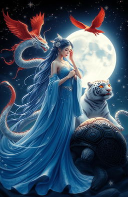A stunning depiction of a moon goddess surrounded by the four Chinese mythological beasts: the Azure Dragon, the Vermilion Bird, the White Tiger, and the Black Tortoise
