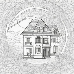 Craft a detailed coloring page featuring a mandala with a house theme