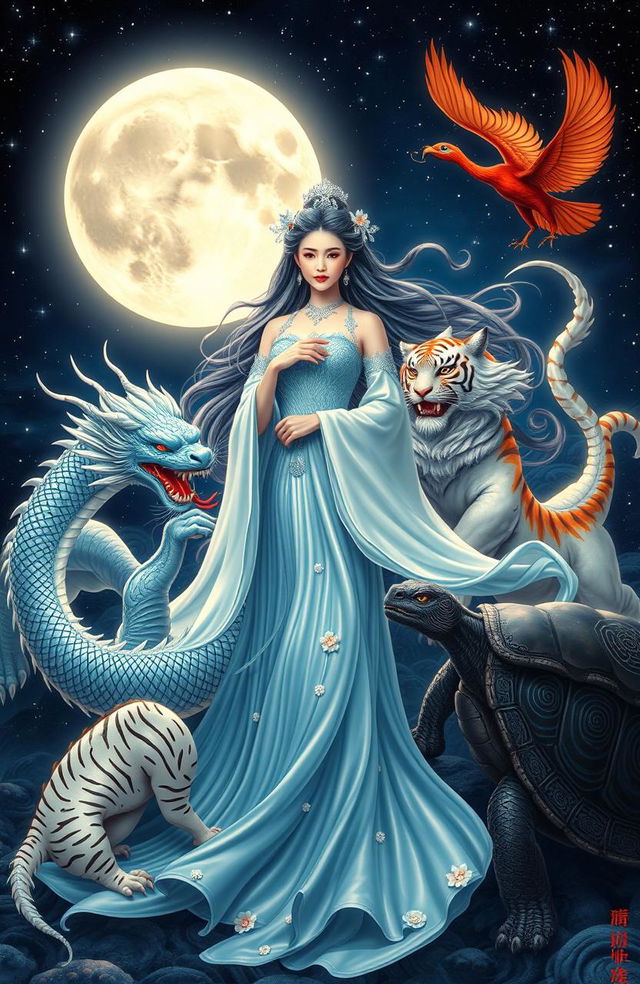 A stunning depiction of a moon goddess surrounded by the four Chinese mythological beasts: the Azure Dragon, the Vermilion Bird, the White Tiger, and the Black Tortoise