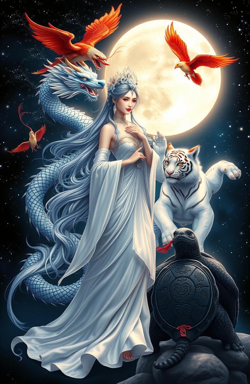 A stunning depiction of a moon goddess surrounded by the four Chinese mythological beasts: the Azure Dragon, the Vermilion Bird, the White Tiger, and the Black Tortoise