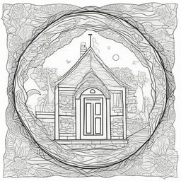 Craft a detailed coloring page featuring a mandala with a house theme