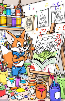 A vibrant coloring book page featuring Viajel, a charming cartoon fox, and Noni, a cheerful human, surrounded by their cluttered art studio