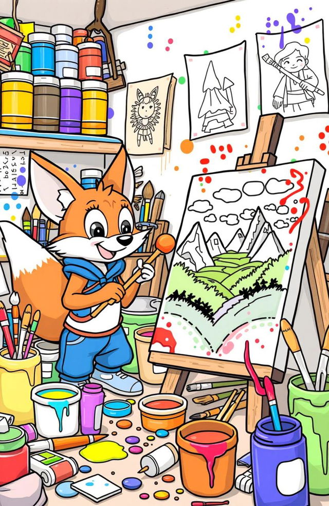 A vibrant coloring book page featuring Viajel, a charming cartoon fox, and Noni, a cheerful human, surrounded by their cluttered art studio