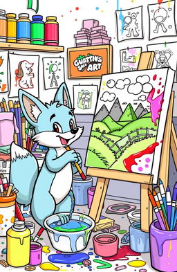A vibrant coloring book page featuring Viajel, a charming cartoon fox, and Noni, a cheerful human, surrounded by their cluttered art studio