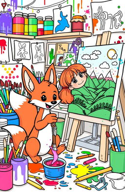 A vibrant coloring book page featuring Viajel, a charming cartoon fox, and Noni, a cheerful human, surrounded by their cluttered art studio