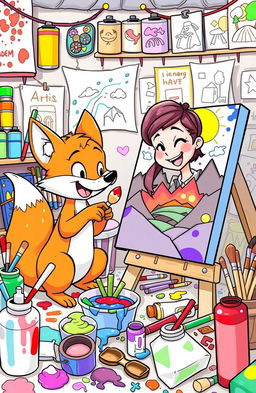 A vibrant coloring book page featuring Viajel, a charming cartoon fox, and Noni, a cheerful human, surrounded by their cluttered art studio