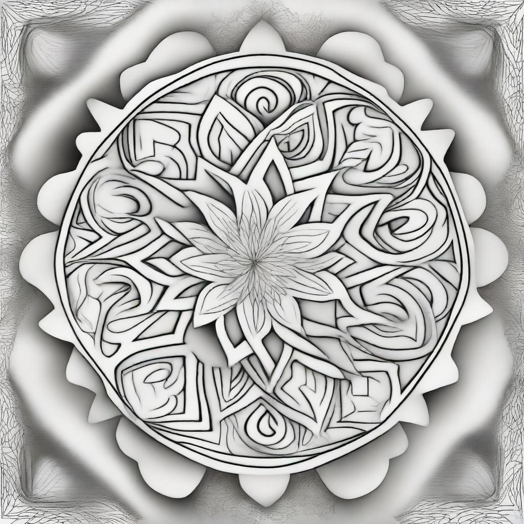 Design a 3D coloring page featuring a complex, geometric mandala with intricate patterns and layers of depth