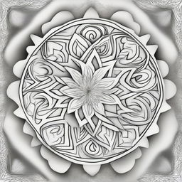 Design a 3D coloring page featuring a complex, geometric mandala with intricate patterns and layers of depth