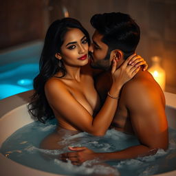 An intimate scene set in a luxurious jacuzzi, featuring a cute 18-year-old girl inspired by Indian actress Ileana
