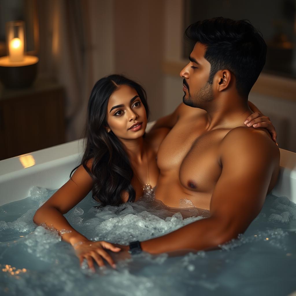 An intimate scene set in a luxurious jacuzzi, featuring a cute 18-year-old girl inspired by Indian actress Ileana