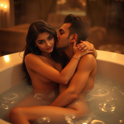 An intimate scene set in a luxurious jacuzzi, featuring a cute 18-year-old girl inspired by Indian actress Ileana
