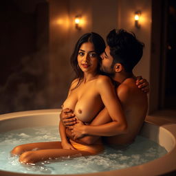 An intimate scene set in a luxurious jacuzzi, featuring a cute 18-year-old girl inspired by Indian actress Ileana