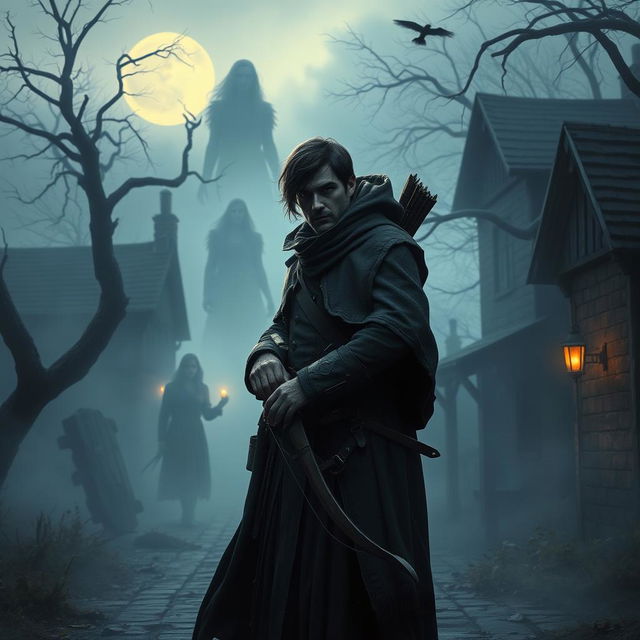 A skilled vampire hunter standing in a misty, eerie village at twilight, with faint, ghostly figures of Lyra and members of the Ebon Circle appearing in the background