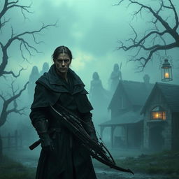 A skilled vampire hunter standing in a misty, eerie village at twilight, with faint, ghostly figures of Lyra and members of the Ebon Circle appearing in the background