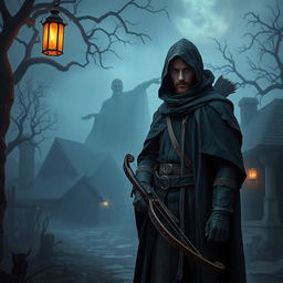 A skilled vampire hunter standing in a misty, eerie village at twilight, with faint, ghostly figures of Lyra and members of the Ebon Circle appearing in the background