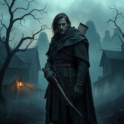 A skilled vampire hunter standing in a misty, eerie village at twilight, with faint, ghostly figures of Lyra and members of the Ebon Circle appearing in the background