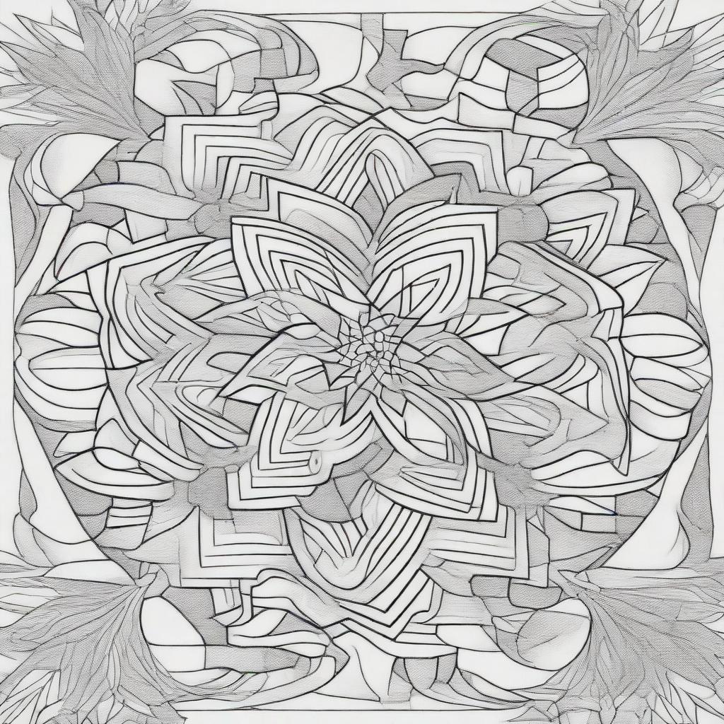 Design a 3D coloring page featuring a complex, geometric mandala with intricate patterns and layers of depth