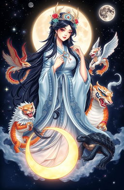 A stunning depiction of a black-haired Moon goddess, adorned in traditional elegance