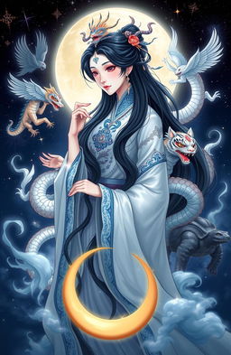 A stunning depiction of a black-haired Moon goddess, adorned in traditional elegance