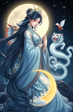 A stunning depiction of a black-haired Moon goddess, adorned in traditional elegance