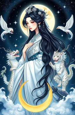 A stunning depiction of a black-haired Moon goddess, adorned in traditional elegance