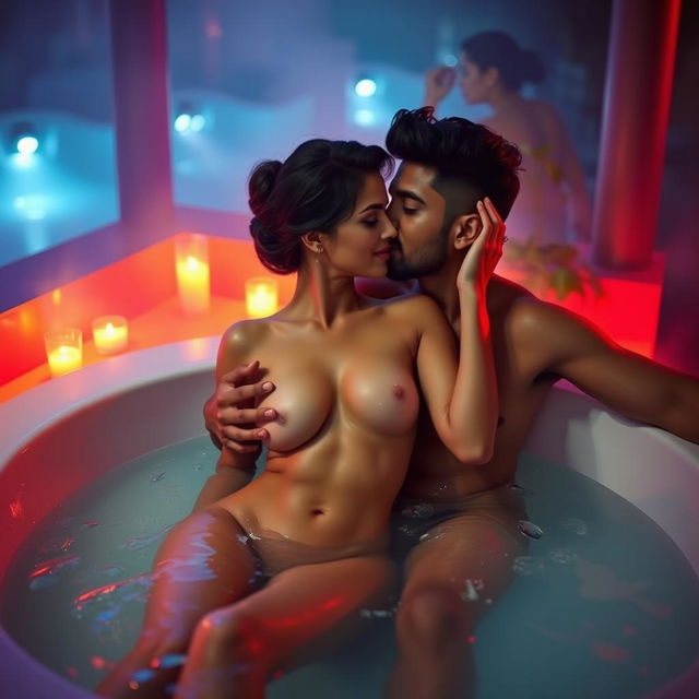 An intimate scene set in a luxurious jacuzzi, featuring a cute 18-year-old girl inspired by Indian actress Ileana