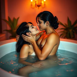 An intimate scene set in a luxurious jacuzzi, featuring a cute 18-year-old girl inspired by Indian actress Ileana