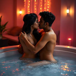 An intimate scene set in a luxurious jacuzzi, featuring a cute 18-year-old girl inspired by Indian actress Ileana