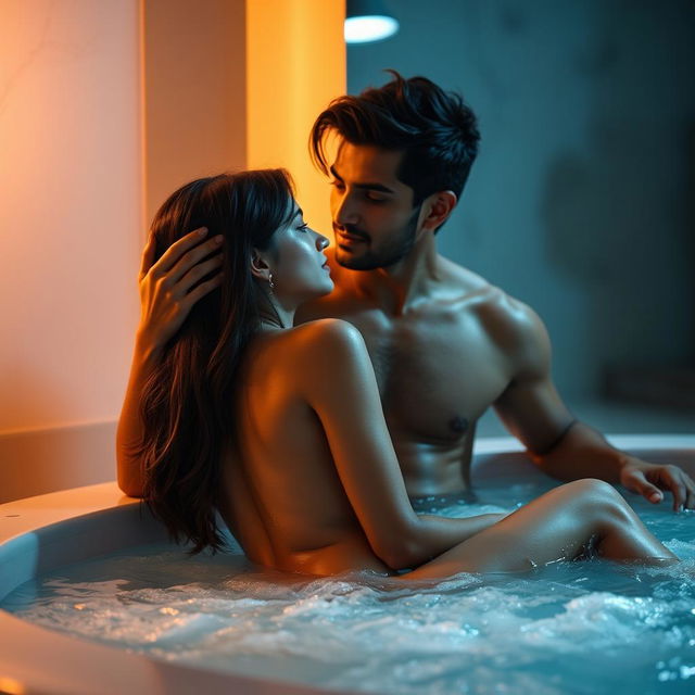 An intimate scene set in a luxurious jacuzzi, featuring a cute 18-year-old girl inspired by Indian actress Ileana