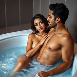 An intimate scene set in a luxurious jacuzzi, featuring a cute 18-year-old girl inspired by Indian actress Ileana