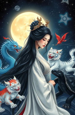 A striking depiction of a black-haired Moon goddess, embodying elegance and mystique