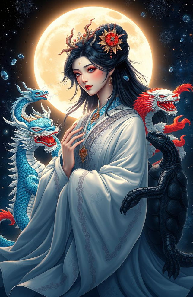 A striking depiction of a black-haired Moon goddess, embodying elegance and mystique