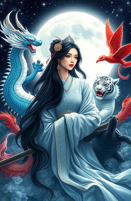 A striking depiction of a black-haired Moon goddess, embodying elegance and mystique