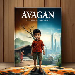 A captivating book cover design that portrays the story of a boy's development in a closed, underdeveloped community as he longs to escape to the futuristic city of Avagan