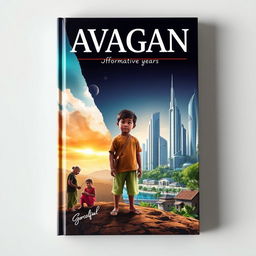 A captivating book cover design that portrays the story of a boy's development in a closed, underdeveloped community as he longs to escape to the futuristic city of Avagan