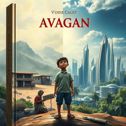 A captivating book cover design that portrays the story of a boy's development in a closed, underdeveloped community as he longs to escape to the futuristic city of Avagan