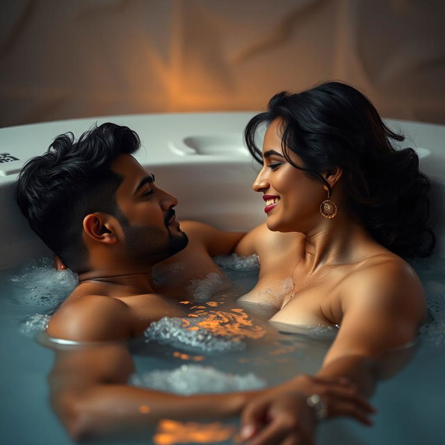 An intimate scene set in a luxurious jacuzzi, featuring a cute 18-year-old girl inspired by Indian actress Ileana