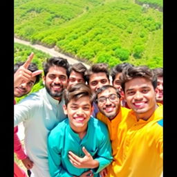 A group of Pakistani boys taking a selfie together, capturing their cheerful expressions and camaraderie