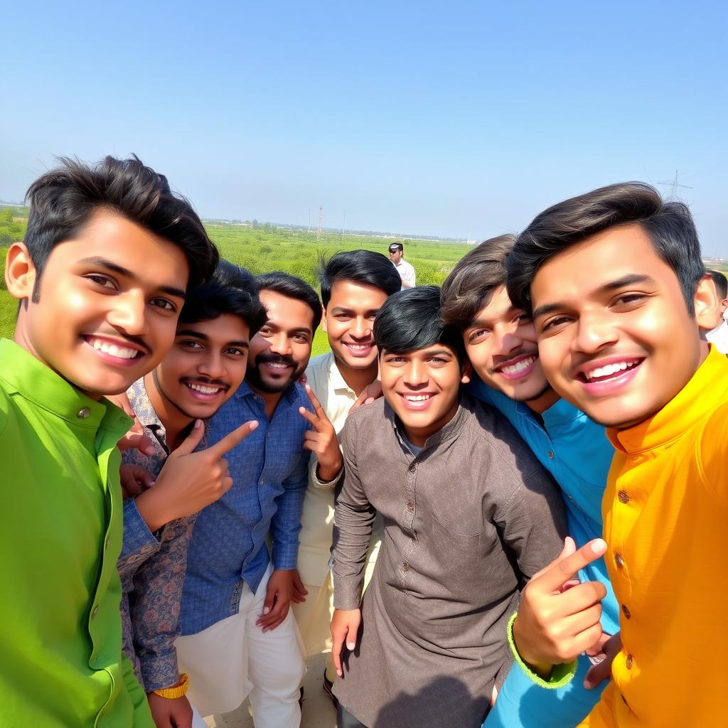 A group of Pakistani boys taking a selfie together, capturing their cheerful expressions and camaraderie