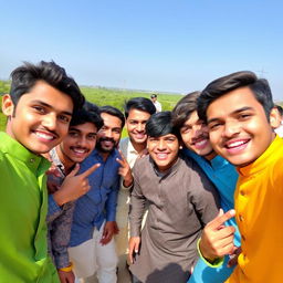 A group of Pakistani boys taking a selfie together, capturing their cheerful expressions and camaraderie