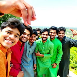 A group of Pakistani boys taking a selfie together, capturing their cheerful expressions and camaraderie